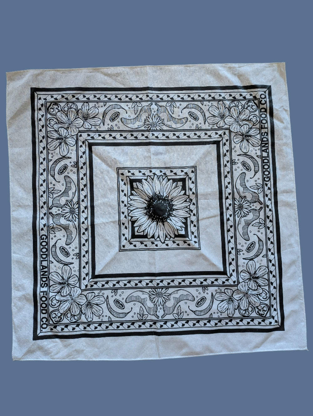 White bandana with black floral patterns